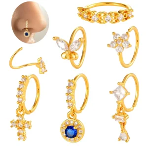 Maina Jewellery Gold Plated Nose Rings CZ Butterfly Dangle Septum Clicker Hoop Adjustable Nose Stud Nostril Piercing Jewelry