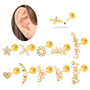 Maina Stainless Steel Cartilage Earrings CZ Heart Flower Internally Thread Flat Back Labret Helix Tragus Lip Piercing Jewelry