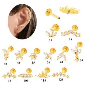 Maina Surgical Stainless Steel Tragus Earrings Zircon Flower Butterfly Internally Thread Labret Cartilage Lip Piercing Jewelry