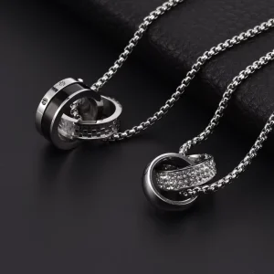 Male Hip-Hop Trendy Double Interlocking Link Stainless Steel Geometric Pendant Necklace Long Sweater Chain