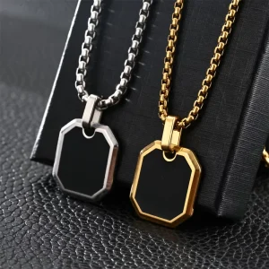 Manufacturer 18K Gold Plated Stainless Steel Men’s Necklace Square-Pearl Chain Oil Drop Square Pendant