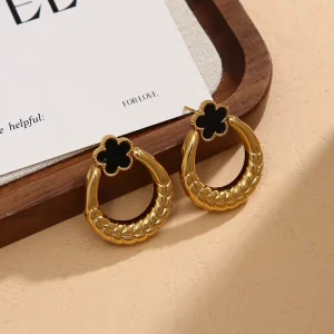 Manufacturer Elegant Stainless Steel Gold Plated Drop Earrings Cute Hollow Flower Stud Design Glossy Metal Fashionable