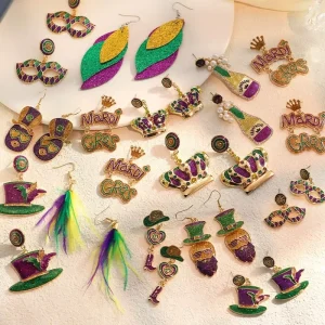 Mardi Gras Green Gold Purple Geometric Alloy Carnival Party Stud Earrings for Women