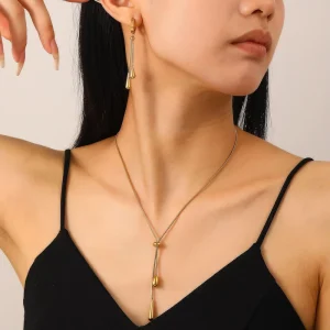Maronew European Cross Border Elegant Minimalist Waterdrop Pendant Necklace Earring Two Piece Set Long Pull Adjustable 18K Gold