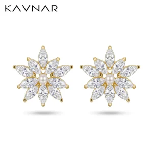 Marquise Cut CZ Stud Earrings 14K Gold Plated Brass Central Faux Pearl Dainty Fairy Style Nickel Free OEM Custom