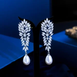 Marquise Cut Cubic Zirconia Long Leaf Drop Simulated Pearl Bridal Wedding Party Drop Earrings for Women Jewelry