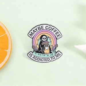 Maybe Coffee Is Addicted To Me Grim Reaper Enamel Pin Rainbow Skeleton Coffee Brooch For Backpack Decor