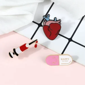 Medical Plated Metal Enamel Pins Cartoon Heart Medicine Pill Needle Brooch Doctor Badge Shirt Bag for Jewelry Gift