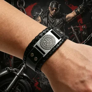 Medieval Viking Pirate Compass Men’s Punk Wide Bracelet Leather Bracelet Cosplay Costume Prop for LARP Halloween