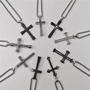 Men Alloy Pendant Stainless Steel Chain Jewelry for Christian Baptism Birthday Gifts Cross Necklace