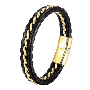 Men Fashion Wrist Jewelry Stainless Steel Hypoallergenic Leather Bracelet Personalized Engravable Magnetic Clasp Bracelet