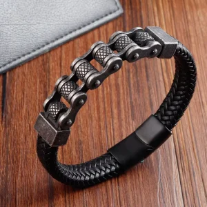 Men Handmade Multi Layer Black Cowhide Genuine Leather Woven Bracelet Double Layer Stainless Steel Fashion Bangle
