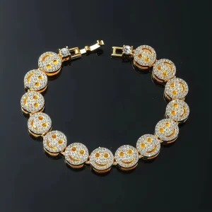 Men Hip Hop Round Smiley Tennis Chain Bracelet Punk Iced Out Bling Crystal Bangle Fashion Charm Jewelry Gifts