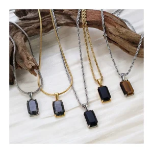 Men Jewelry Gemstone Natural Stone Pendant Necklaces Stainless Steel 18k Gold Plated Onyx Collarbone Necklace