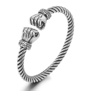 Men Retro Punk Hip Hop Cable Wire Bracelet Stainless Steel Boxing Fist Design Cuff Bangle Jewelry