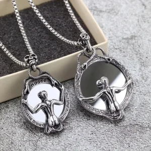 Men Stainless Steel Gothic Mirror Amulet Necklace Vintage Norse Pendant Jewelry