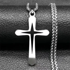 Men Stainless Steel Hollow Cross Pendant Necklace Simple Lucky Religious Jewelry Gift