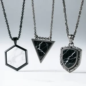 Men Stainless Steel Marble Necklace Set Geometric Hexagon Shield Pendants Durable RustProof Fashion Jewelry