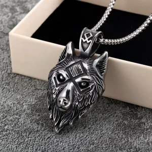 Men Stainless Steel Viking Wolf Necklace Norse Rune Style Pendant for Vintage Punk Jewelry