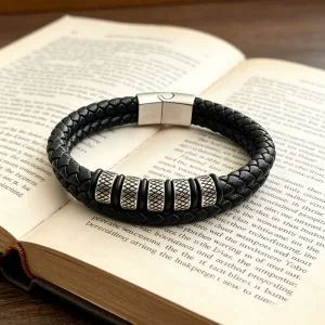 Men Textured Bead Braided Leather Bracelet Stainless Steel Magnetic Clasp Casual Punk Daily Wristband