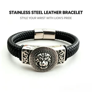 Men Vintage Lion Head Stainless Steel Braided Leather Bracelet Magnetic Clasp Punk Biker Wristband Jewelry Gift