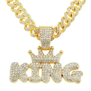 Men Women Hip Hop Bling Letter KING QUEEN Pendant Necklace 13mm Miami Cuban Link Chain Necklaces Iced Out Charm Fashion Jewelry