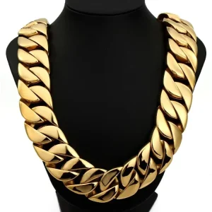 Men’s 32mm Large Heavy Polished Gold Plated Stainless Steel Chunky Cuban Curb Chain Link Necklace