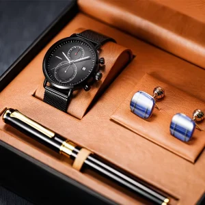 Men’s Alloy Glass Dial Quartz Watch Gift Set Exquisite Quality Birthday & Father’s Day Business Gift with Cufflinks Fountain Pen
