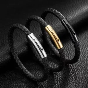Men’s Braided Leather Bracelet Stainless Steel Bar Clasp Genuine Leather Bangle Magnetic Clasp Hand Jewelry Gift