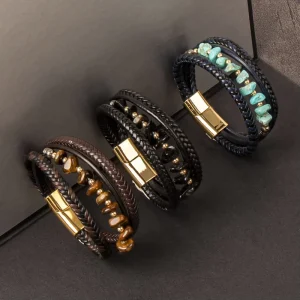 Men’s Braided Leather Bracelet with Natural Stone Beads Gold Magnetic Clasp Multi Layer Woven Cuff Jewelry