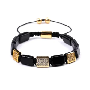 Men’s Business Square Natural Onyx Zirconia Braided Adjustable Beaded Bracelets Fashion Jewelry Gift for Friends