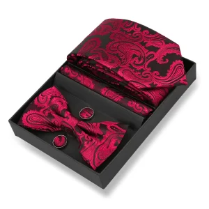 Men’s Casual Fashion Cashew Flower Pattern Polyester Tie Bow Tie Pocket Square Square Cufflinks Suit for Gift