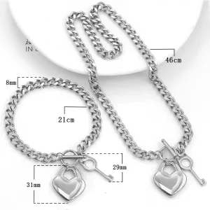 Mens Chain Gold Tone Double Curb Cuban Link Rombo Boys 316L Stainless Steel Key Heart Necklace Bracelet