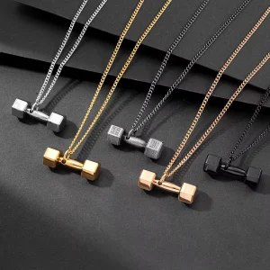 Men’s Classic Style Stainless Steel 18K Gold Plated Pendant Necklace Barbell Fitness Accessory Gym Charms for Couples