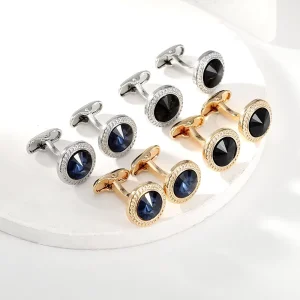 Men’s Cufflinks High Quality Zircon Fashion Simple Cool Black Round Shirt Cuff Buttons Wedding Party Jewelry Gift for Men
