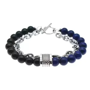Men’s Double Layer Beaded Bracelet with Silver Chain and Crown Charm Natural Stone Jewelry Gift