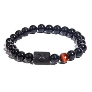 Men’s Elastic Charm Bracelet with Twelve Constellations Mixed Tiger Eye Stone Agate Beads