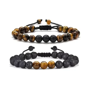 Men’s Fashion Crystal Beads Bracelet Adjustable Natural Tiger Eye Lava Rock Stones Anxiety Charm Bracelet for Gifts Wedding