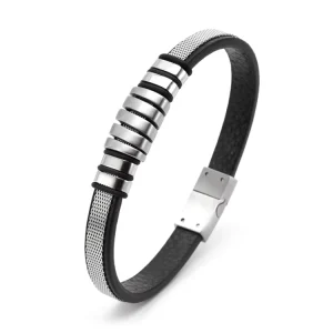 Men’s Fashion Jewelry Stainless Steel Engraved Charm Mesh Leather Bracelet