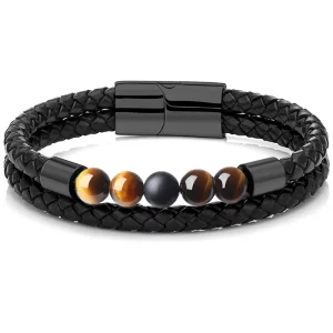 Men’s Fashion Wrap Bracelets Natural Stone Woven Leather with Stainless Steel Stitching Premium Accessory