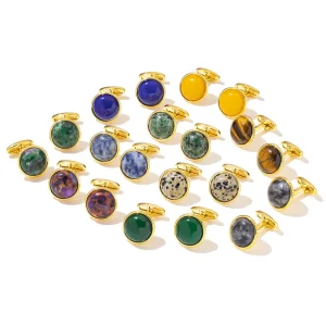 Mens French Shirt Round Button for Wedding Business Fashion Jewelry Brass Gemstone Electroplated 18k Gold Plated Cufflinks