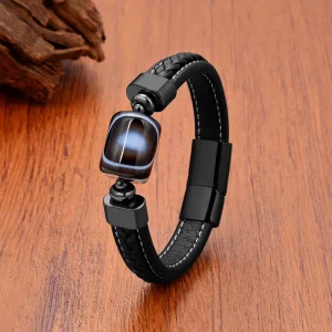 Men’s Geometric Stone Bracelet with Braided Leather Stainless Steel Magnetic Clasp Multilayer Wrap Wristband Jewelry