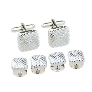 Men’s Gift Silver Metal Strip Cufflinks and Stud Set with Geometric Sleeve Button Cuff for Wedding