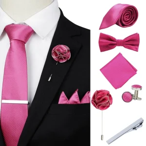 Mens Gift Tie Set Polyester Necktie Pocket Squares Tie Clips Cufflinks Bowtie for Men