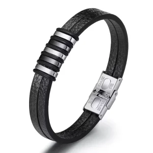 Men’s Handmade Double Layer Stainless Steel Punk Style Bracelet Bangles Stainless Steel Clasp Accents Black Wristband Stylish