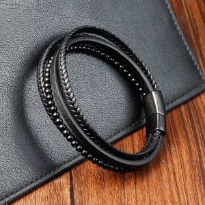 Men’s Handmade Multi Layer Black Genuine Leather Woven Leather Double Layer Stainless Steel Fashion Bracelet