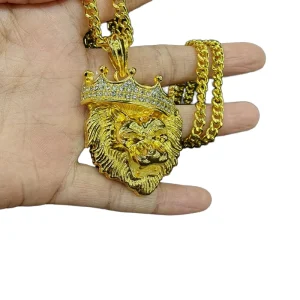 Men’s Hip Hop Chain Crown Lion Head Pendant Full Diamond Necklace Personality Domineering Jewelry