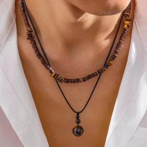 Men’s Hip Hop Fashion Necklace Set Wood Beads Chain Geometric Layered Sweater Chain Jewelry for Party