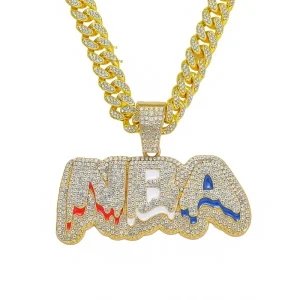 Men’s Hip-hop Full-Diamond Letter Pendant Necklace with Pearl Diamond-Studded Cuban Chain
