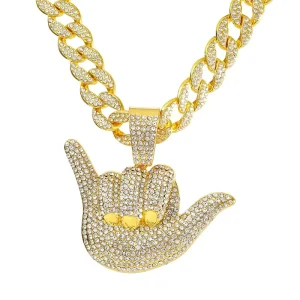 Men’s Jewelry Iced Out Silver Gold Cuban Chain With Hip Hop Alloy and Rhinestone Fingering Pendant Choker Necklace